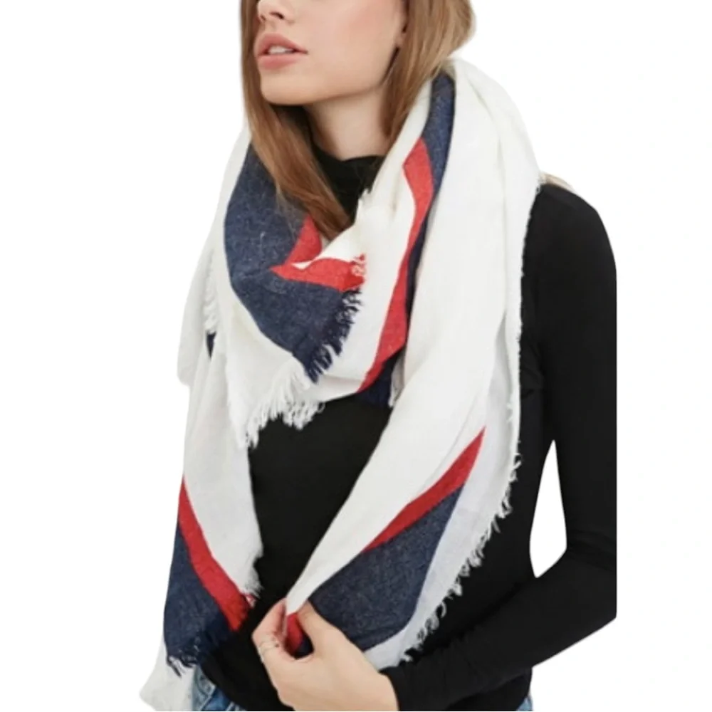 Colorblock Striped Scarf OS Blanket Soft Striped Red White Blue Patriotic Frayed